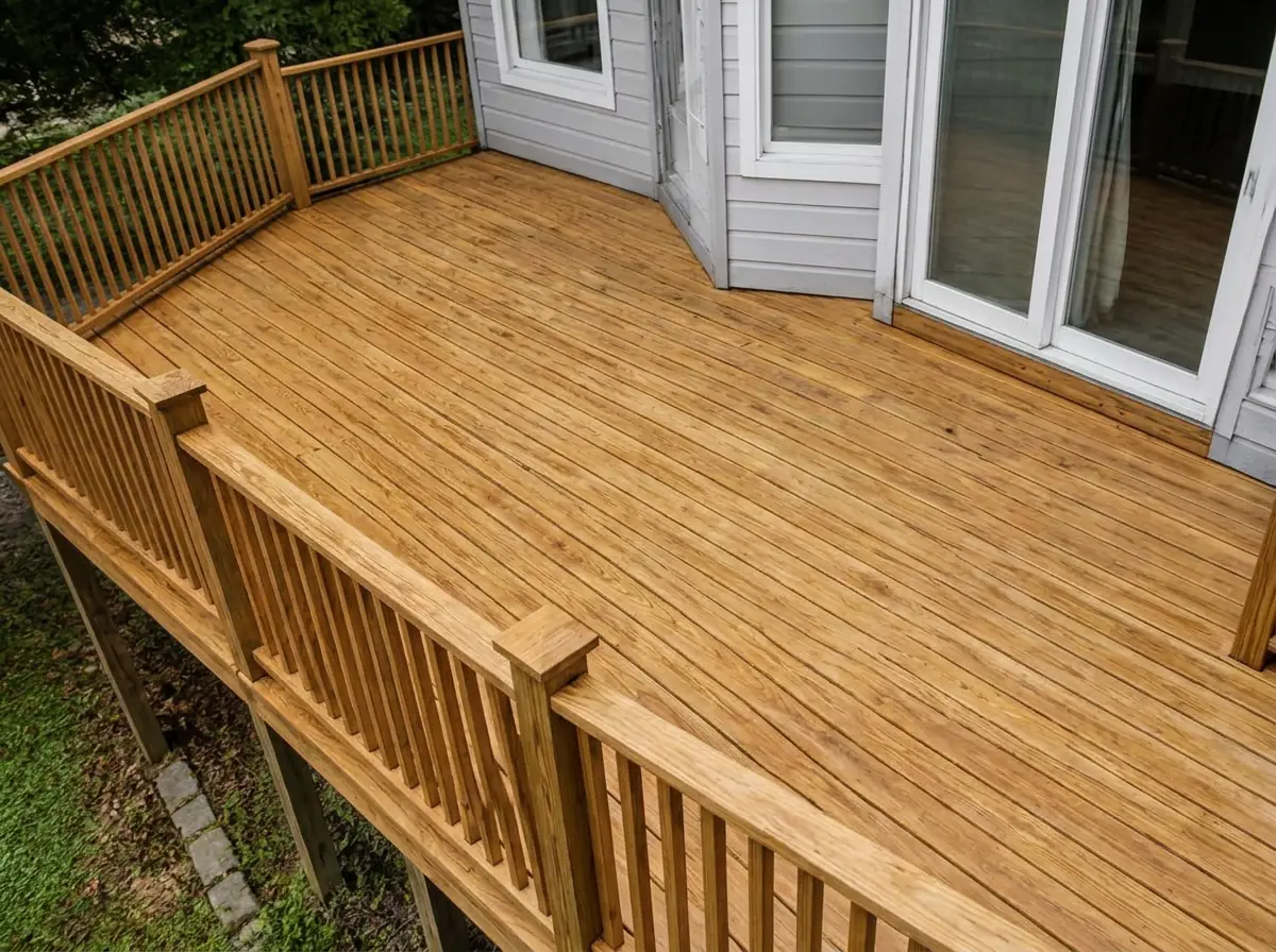 La même terrasse en bois, aux lames claires après nettoyage haute pression